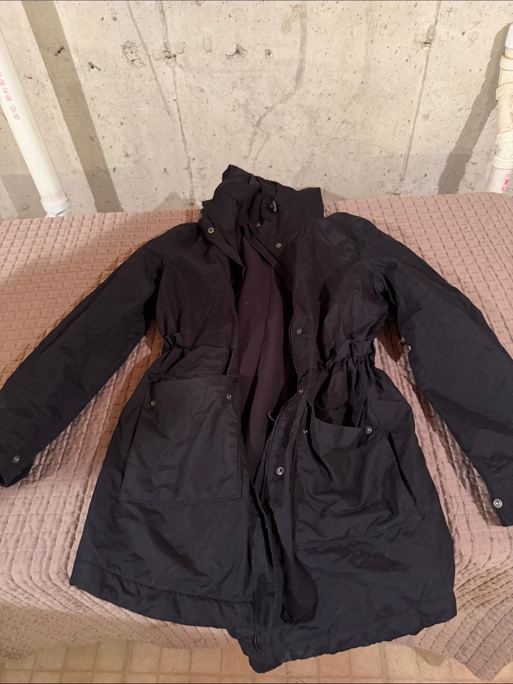 Women's Black Parka Jacket with Drawstring Waist